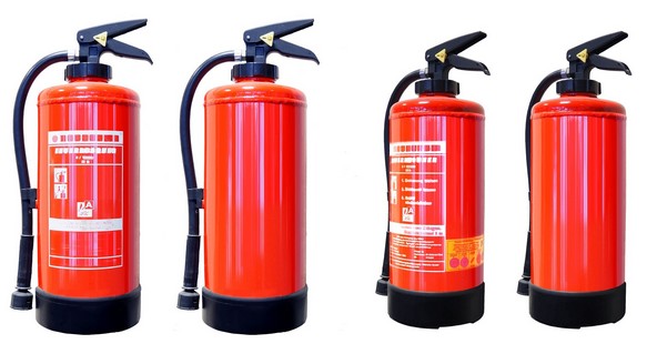 Vier verschiedene Ansichten eines Feuerlöschers.